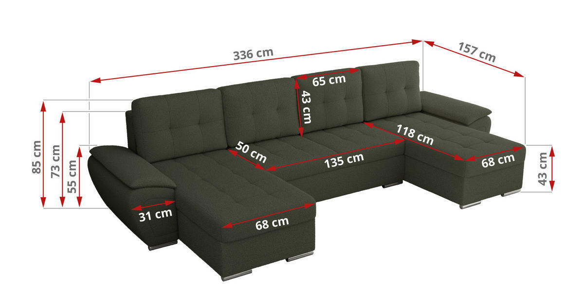 WOHNLANDSCHAFT UMBRIA U Grün Boucle - Grau/Grün, Textil/Metall (336/85/157cm) - MKS