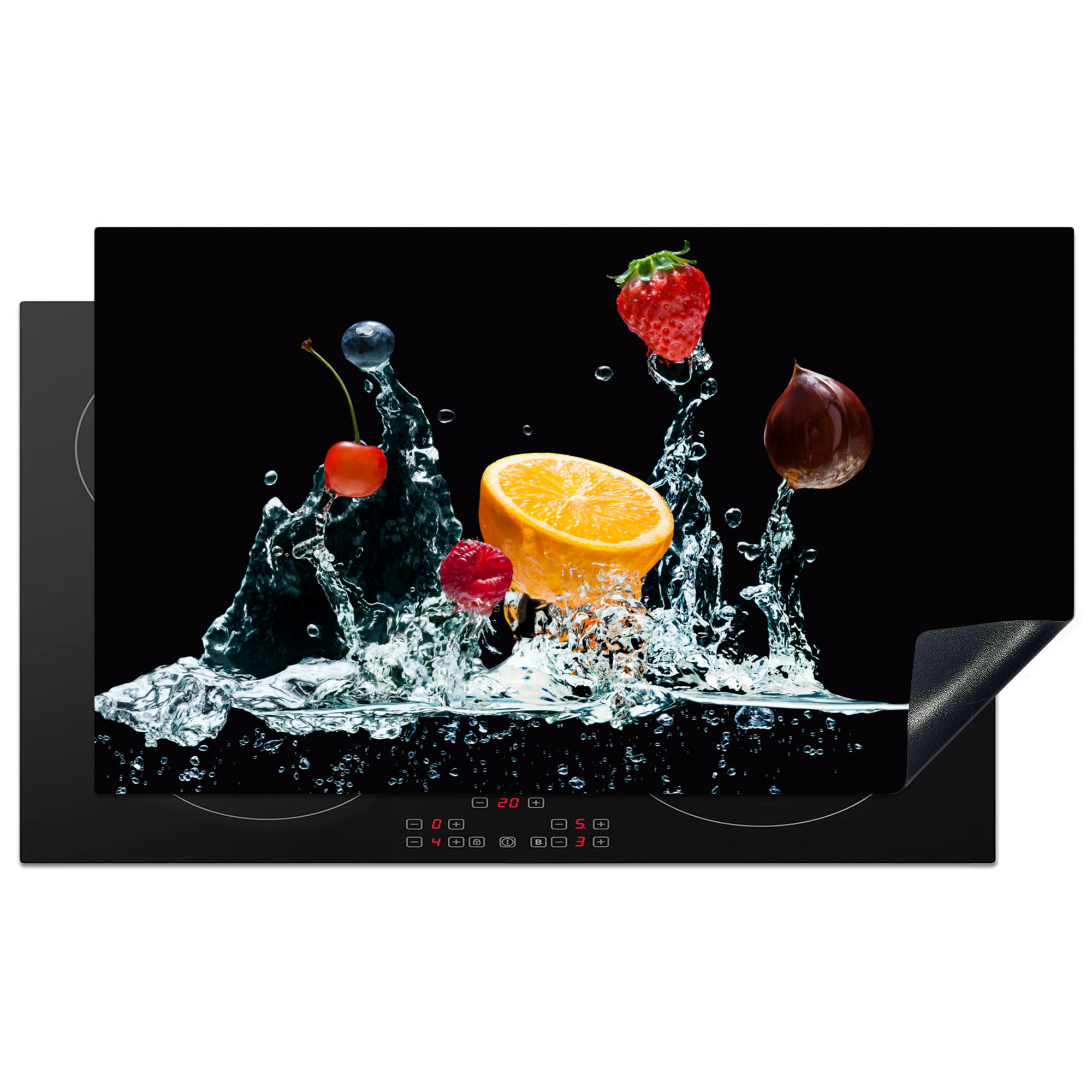 HERDABDECKPLATTE Wasser - Obst - Orange - Erdbeere - Kirsche - Schwarz 89x51 cm - Orange, Kunststoff (89.6/0.2/51.6cm) - MuchoWow