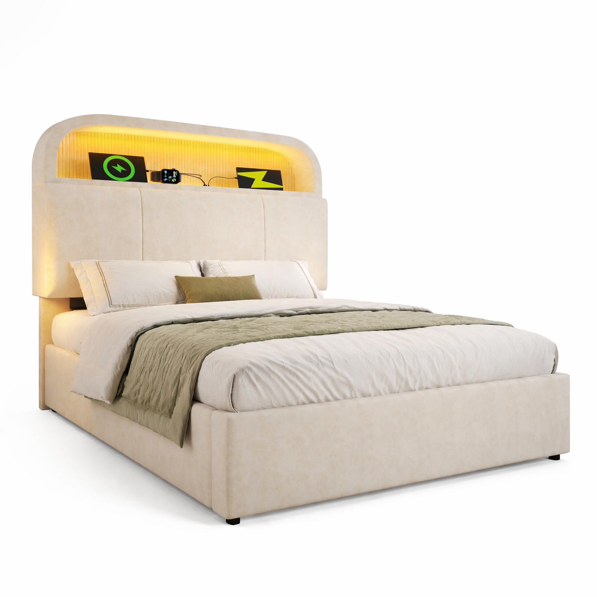 POLSTERBETT 90/200 mit Bettkasten, LED und USB in Beige - Beige, Holzwerkstoff/Textil (90/200cm) - EVRYAE