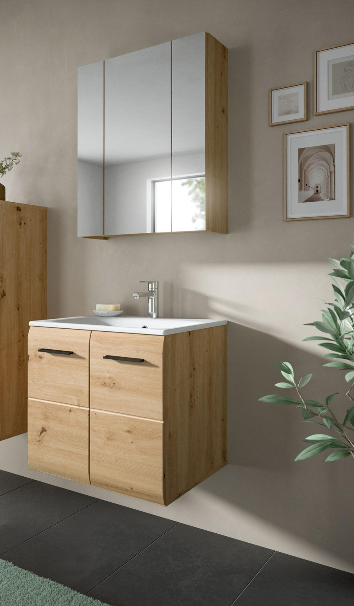 BADMÖBEL-SET 2-teilig in Artisan Eiche, Badkombination 60 x 185 cm, Cover - Schwarz/Eiche Artisan, Glas/Keramik (65/185/30cm) - Inn.Furn