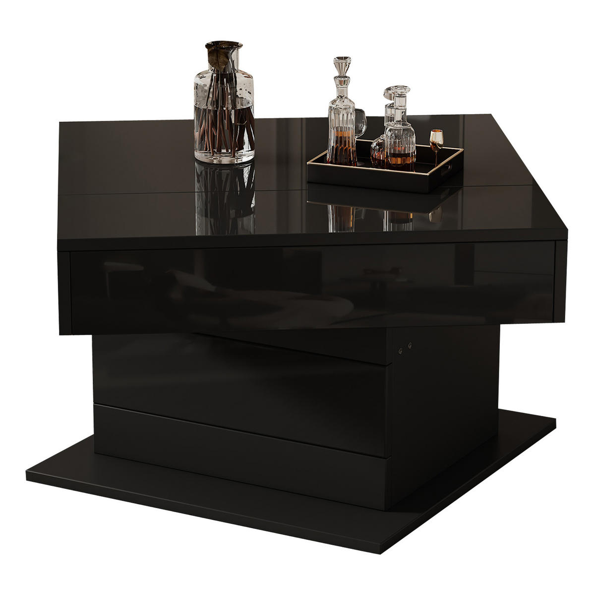 COUCHTISCH aus Spanplatte 70x70x45 cm Schwarz mit drehbarer, höhenverstellbarer Platte und verstecktem Stauraum - Schwarz, Holzwerkstoff (70/70/45cm) - Modfu