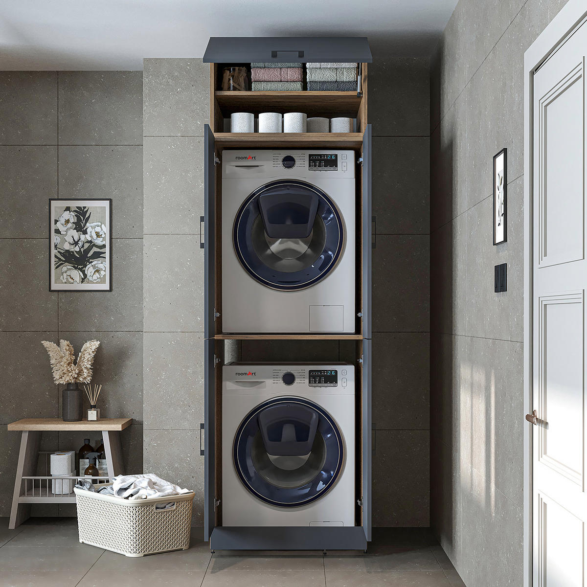 WASCHMASCHINENSCHRANK DORA-II 70cm Breit, 230cm Hoch - Anthrazit, Holzwerkstoff (70/230/74cm)