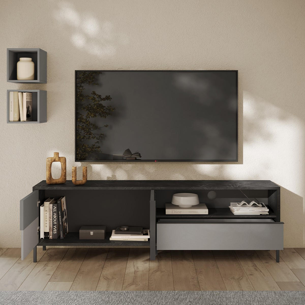 TV-MÖBEL mit 2 Türen, 1 Schublade und 1 Nische Everest - 206/40/64 cm - Grau, Holzwerkstoff (40/64/206cm) - Calicosy