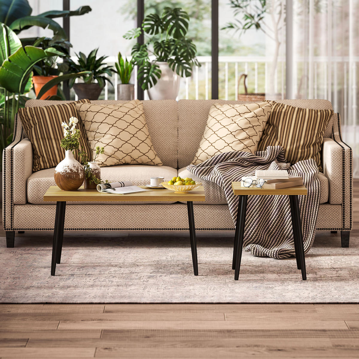 COUCHTISCH 2er Set mit 3 cm Tischplatte in Naturholzoptik und Metallrahmen - Naturfarben, Holzwerkstoff (90/50/45cm) - OKWISH