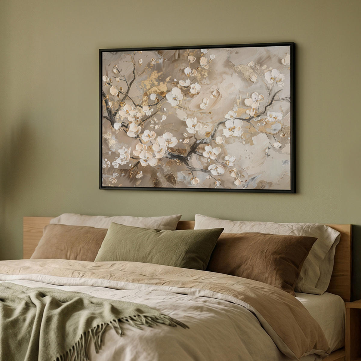 LEINWAND Bilder mit Rahmen - Blumen - Weiß - Gold - Beige - Luxus - 100x70 - Greige, Textil (100/70cm) - MuchoWow