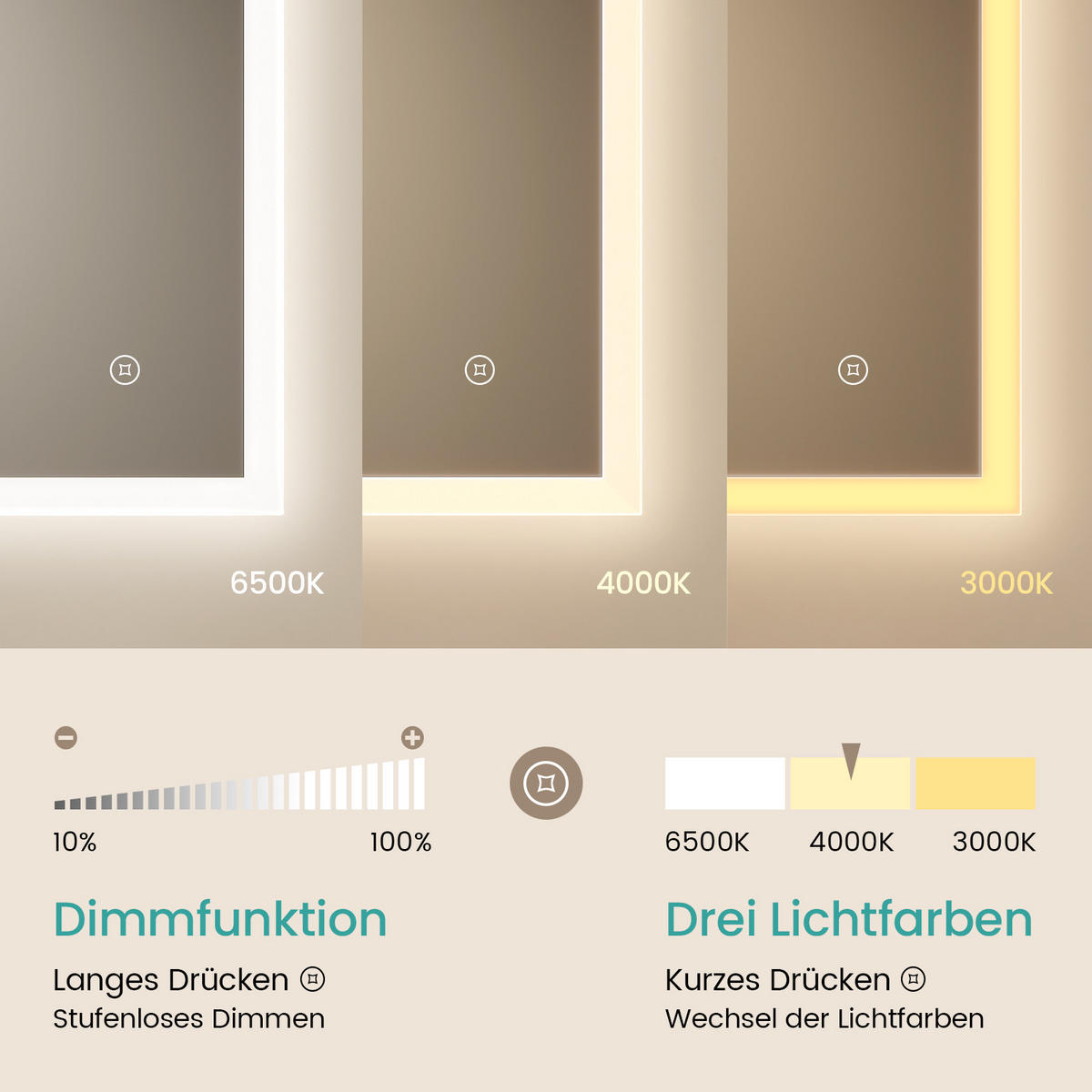 BADSPIEGEL mit Anti-Beschlag Touch-Taste Beleuchtung 80/60/3,5 cm - Weiß, Glas (60/3.5/80cm) - EMKE