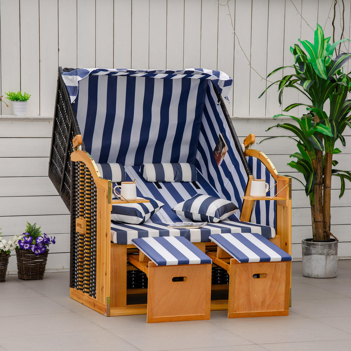 DOPPELTE Sonnenliege mit Dach PE-Rattan Blau+Weiß 118 x 79 x 160 cm - Blau, Kunststoff (79/160/118cm) - Outsunny