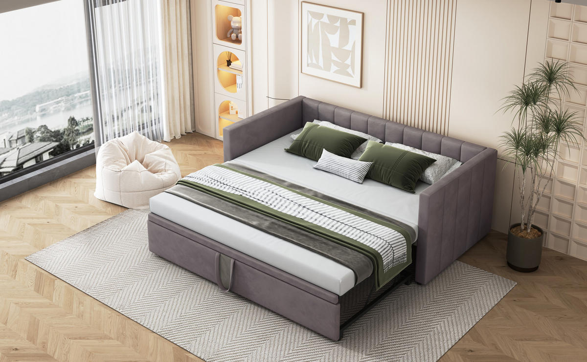 POLSTERBETT 90/180x200 cm ausziehbar grau - Grau, Textil (180/200cm) - LEBENLANG
