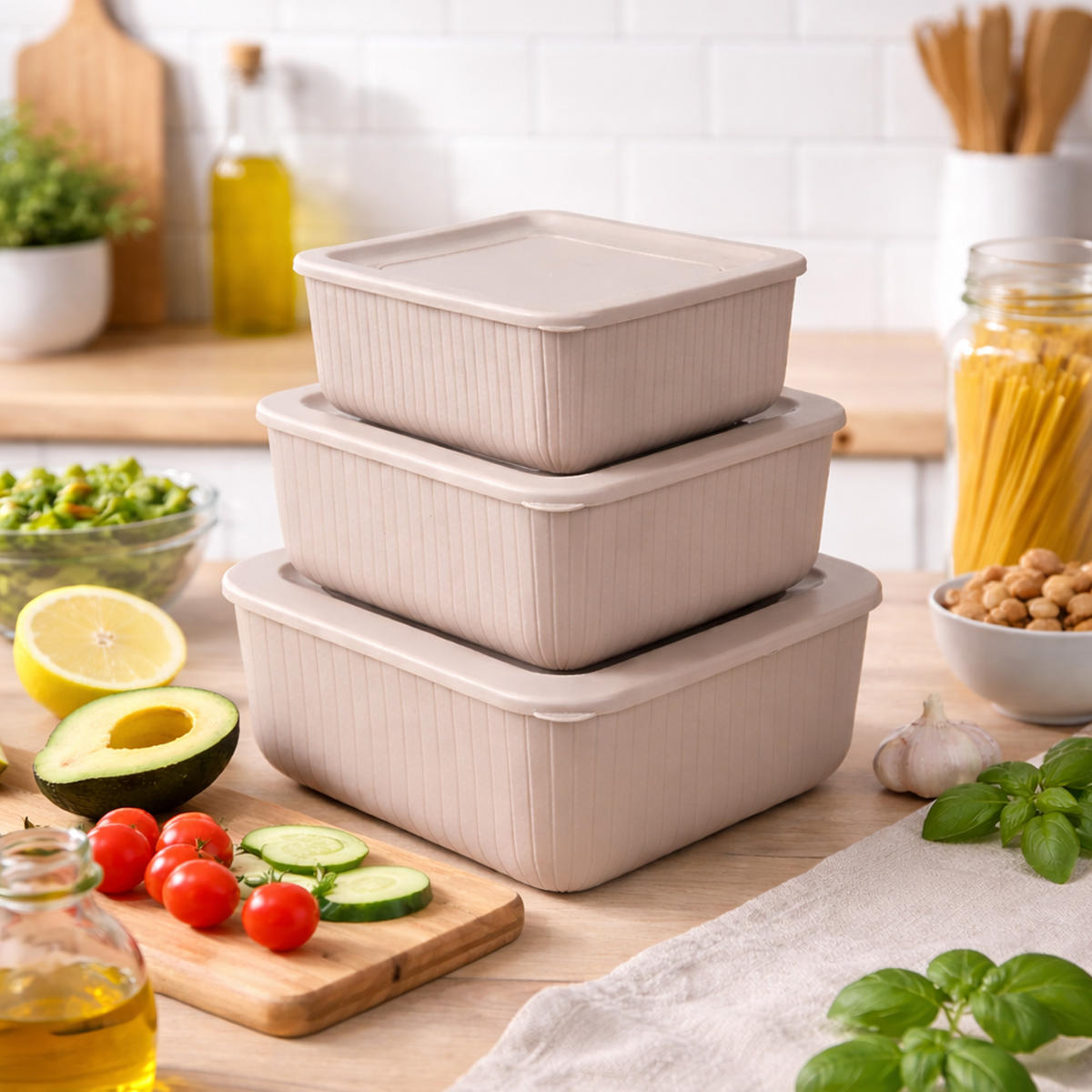 VORRATSDOSEN 3-teilig 0,5L/1L/1,5L Beige - Beige, Kunststoff - ProHome