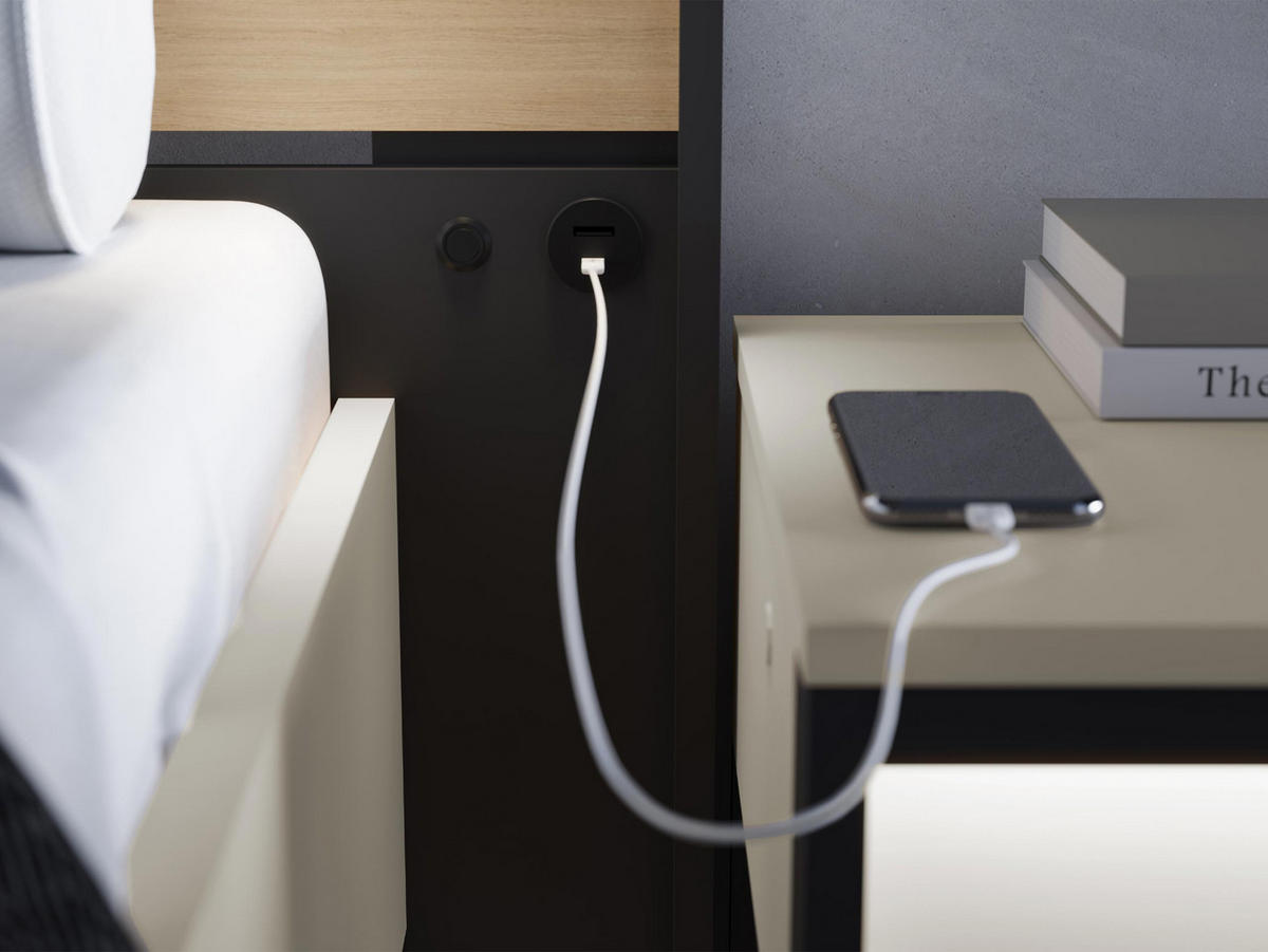 BETT Enna EN-02 - Sandfarben/Schwarz, Holzwerkstoff/Kunststoff (180/200cm) - MIRJAN24