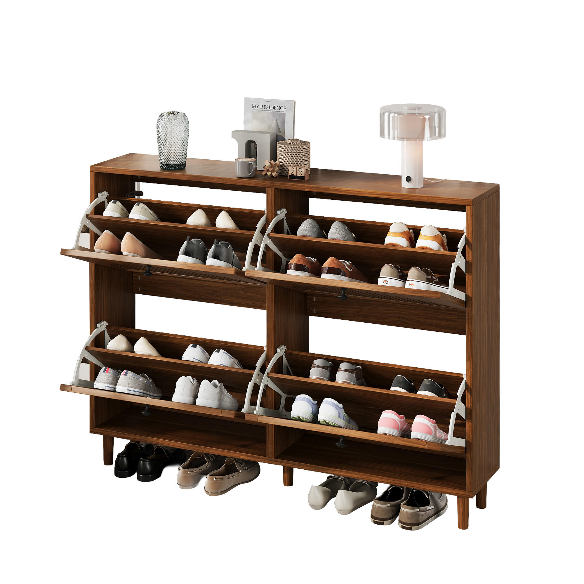 SCHUHSCHRANK in Walnussfarben mit 4 Kipptüren mit 8 Fächern für Flur, B120/T24/H90 cm - Walnussfarben, Holzwerkstoff (120/90/24cm) - STILVORA