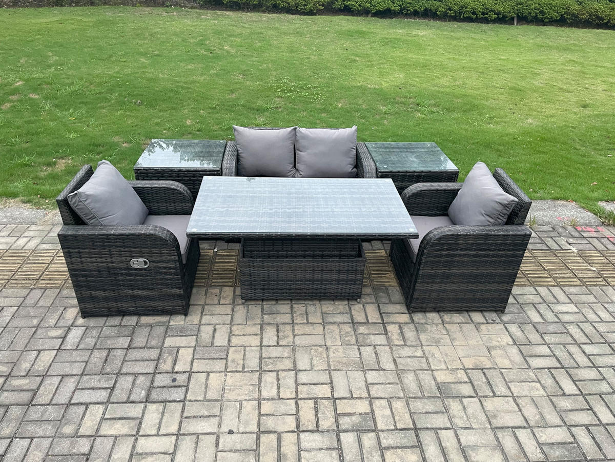GARTENSET Polyrattan 4-Sitzer - Dunkelgrau/Grau, Glas/Kunststoff - Fimous
