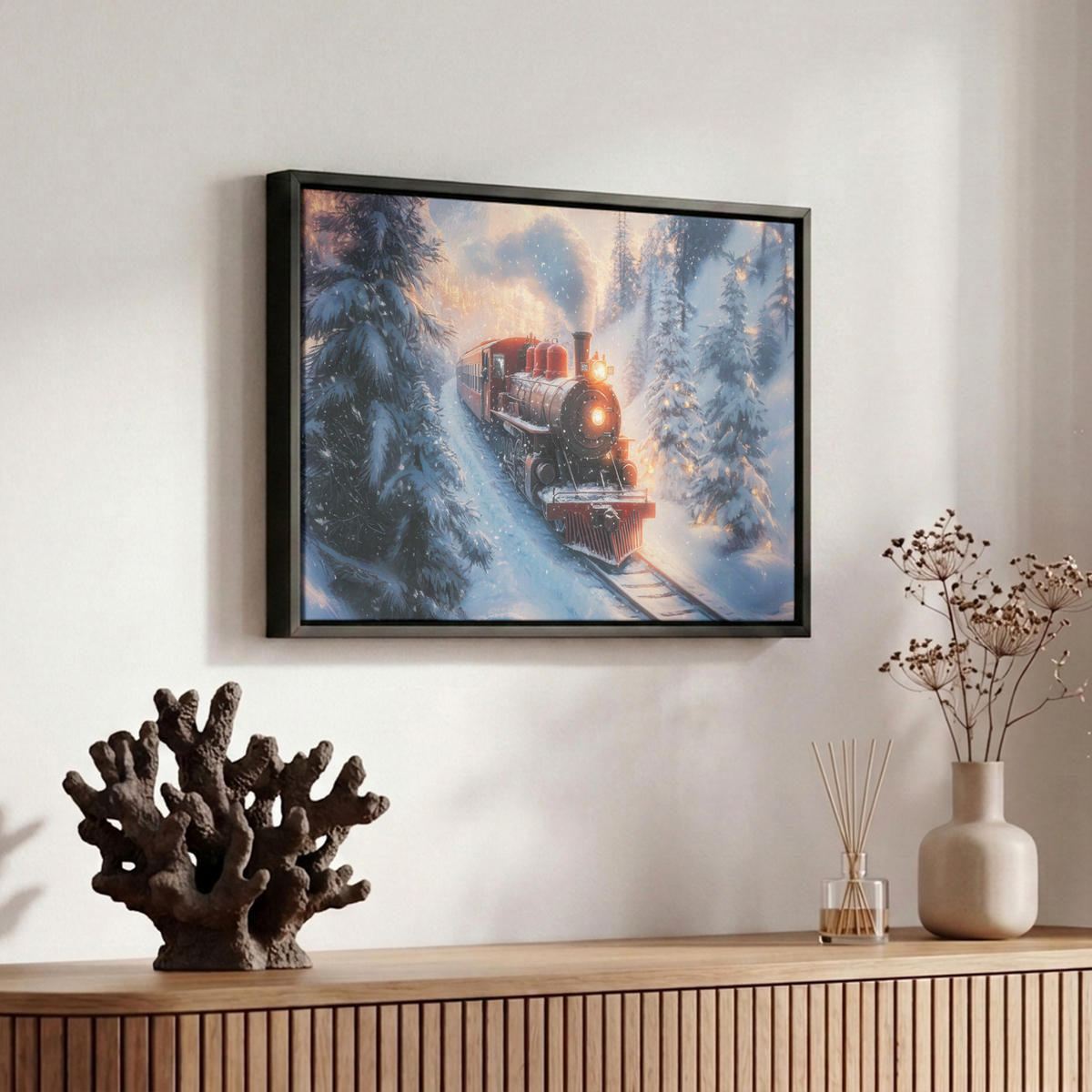 LEINWAND Bilder mit Rahmen - Weihnachtszug - Schnee - Winter - Weihnachten - 30x20 - Dunkelrot, Textil (30/20cm) - MuchoWow