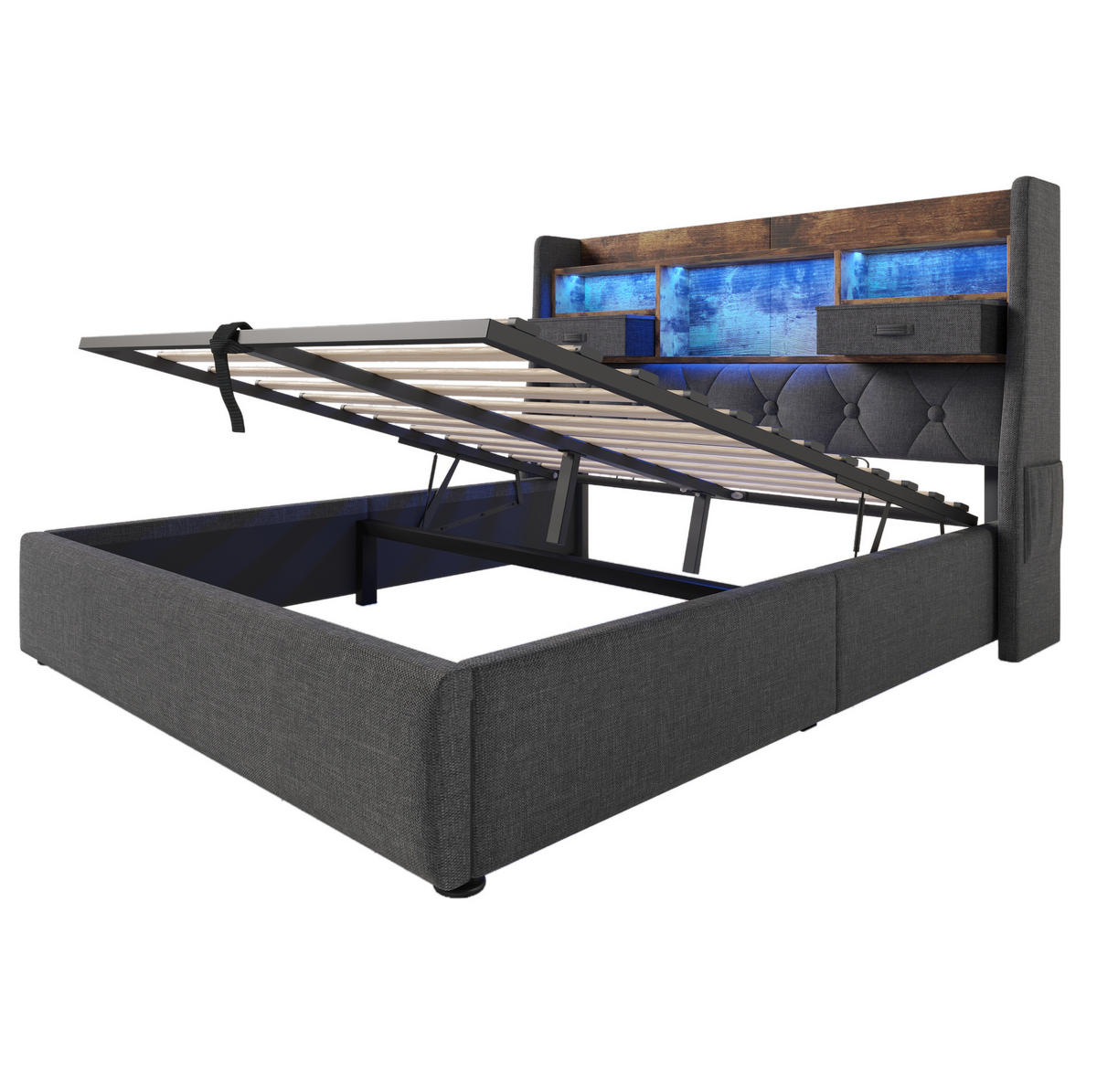 POLSTERBETT aus Leinen 140x200 cm in Grau mit LED & Ladestation - Grau, Textil (140/200cm) - Modfu