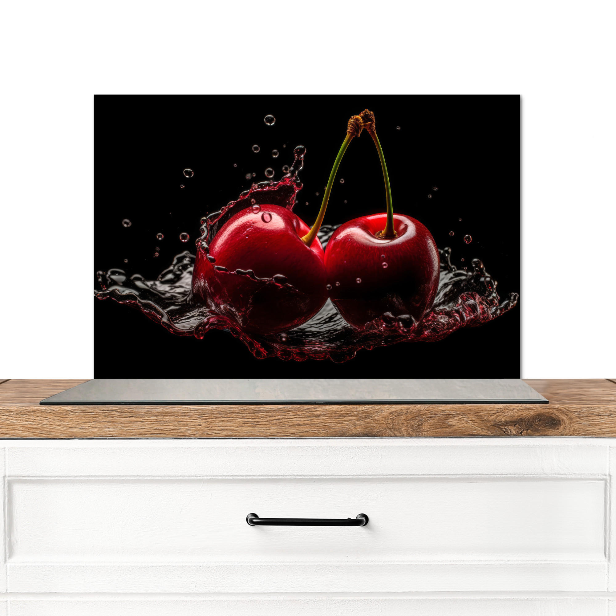 SPRITZSCHUTZ KÜCHE Kirsche - Rot - Frucht - Wasser - Schwarz 70x50 cm - Kirschrot, Metall (70/0.3/50cm) - MuchoWow