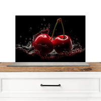 SPRITZSCHUTZ KÜCHE Kirsche - Rot - Frucht - Wasser - Schwarz 60x40 cm - Kirschrot, Metall (60/0.3/40cm) - MuchoWow