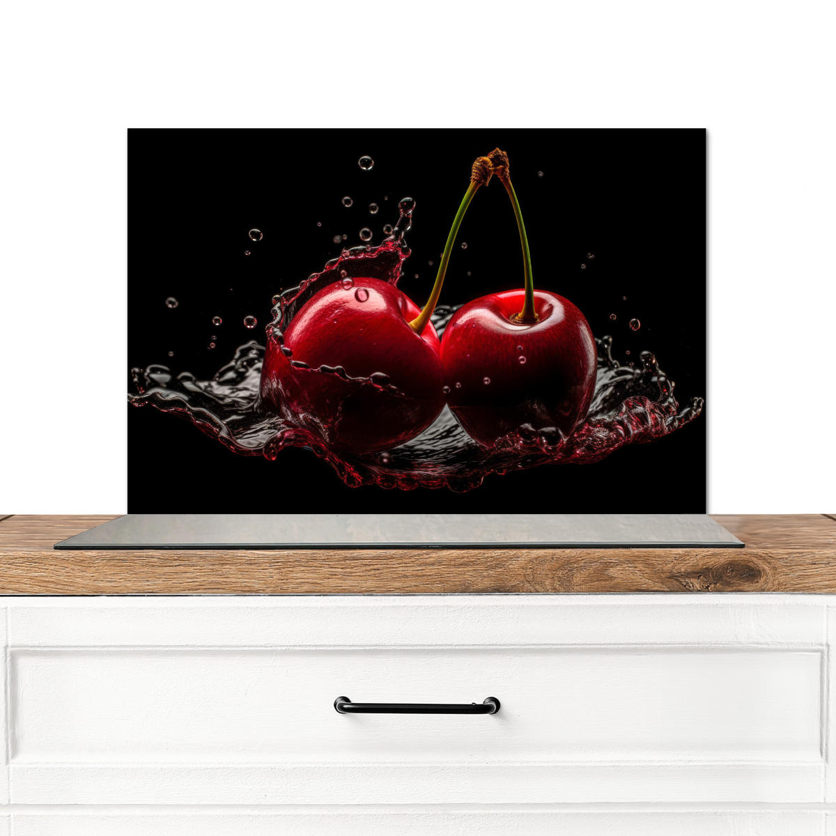 SPRITZSCHUTZ KÜCHE Kirsche - Rot - Frucht - Wasser - Schwarz 60x40 cm - Kirschrot, Metall (60/0.3/40cm) - MuchoWow