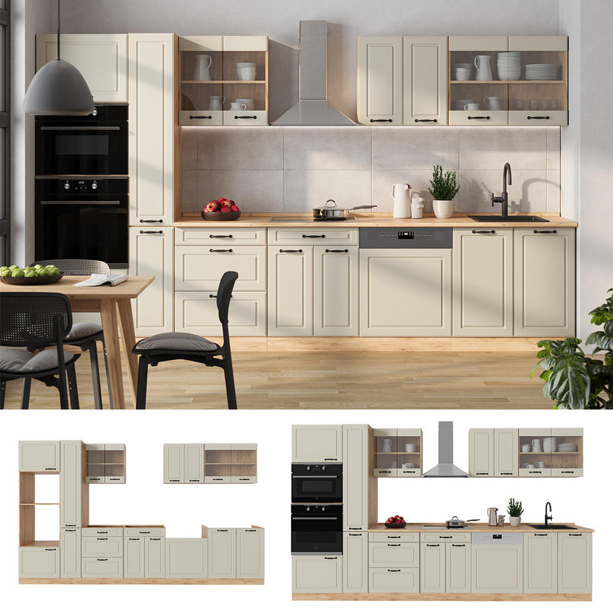 KÜCHENZEILE R-Line, Sand Landhaus/Goldkraft Eiche, 350 cm Arbeitsplatte Anthrazit - Honigeiche/Beige, Holzwerkstoff (350/206.8/60cm) - Vicco