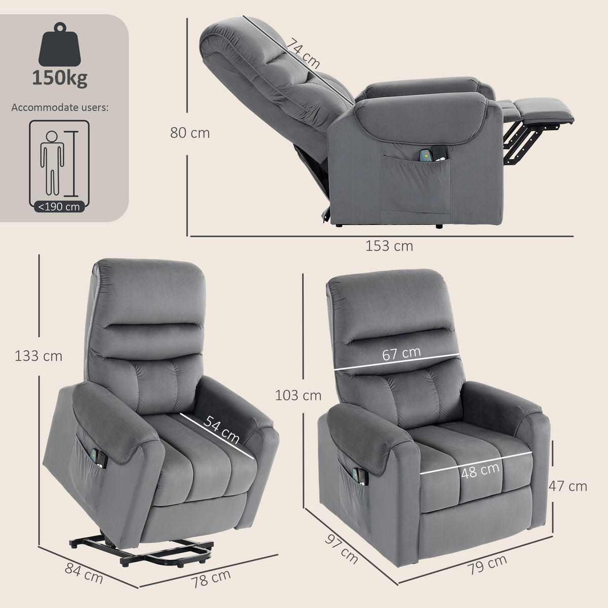 AUFSTEHSESSEL,ELEKTRISCH Massage Vibration Wärme Samt,dunkelgrau - Grau, Textil (79/103/97cm) - Vallsero