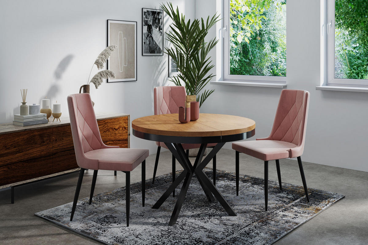 ESSTISCH Ross runder ausziehbarer, Lancelot Eiche 100-180/100/76 cm - Eichefarben/Schwarz, Holzwerkstoff/Metall (100/100/76cm) - WFL GROUP