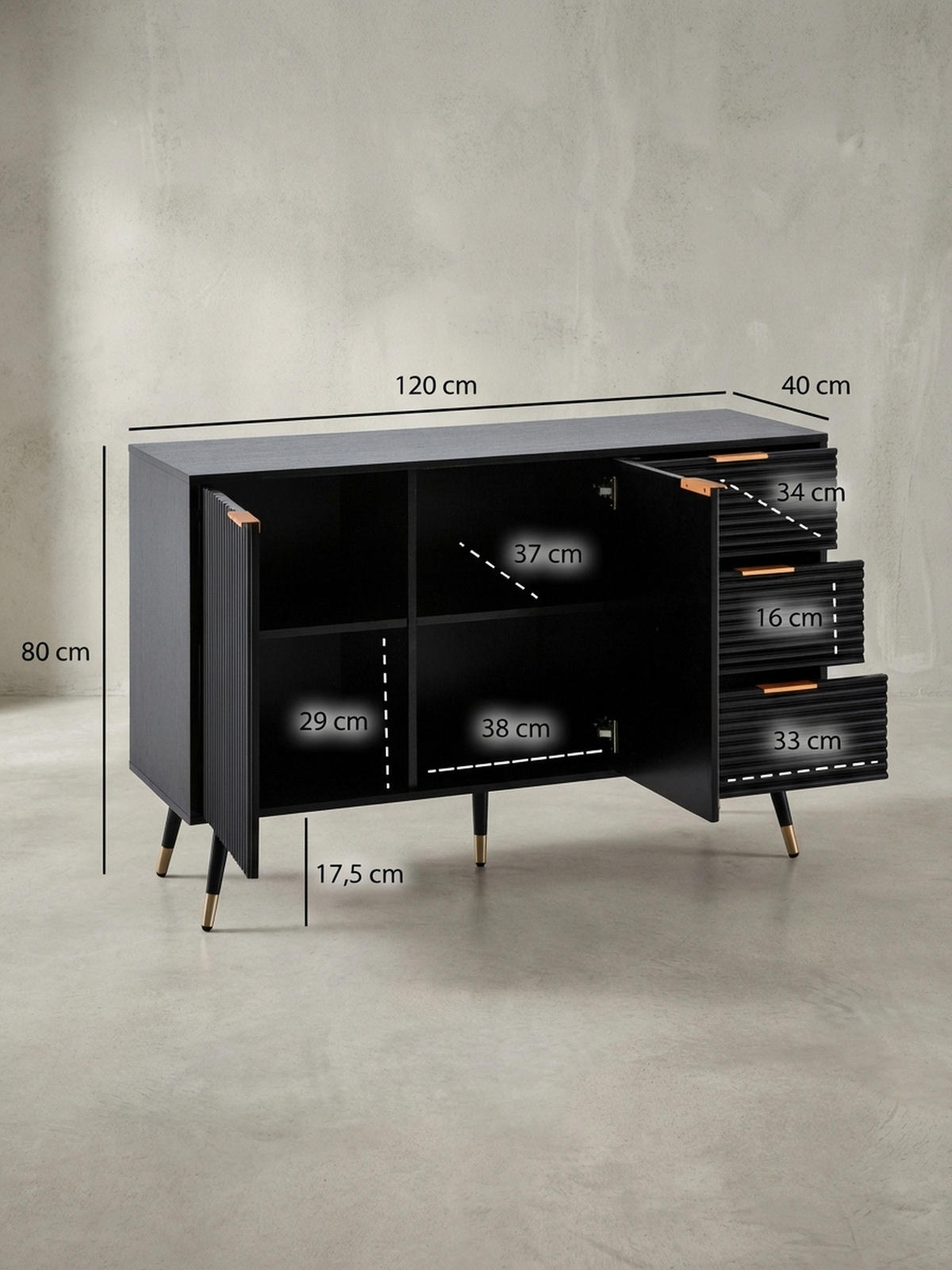 SIDEBOARD – Schwarz/Eiche-Dekor, 120x80x40 cm, mit Türen und Schubladen, Metallbeine - Goldfarben/Schwarz, Holzwerkstoff/Metall (120/80/40cm) - KADIMA DESIGN