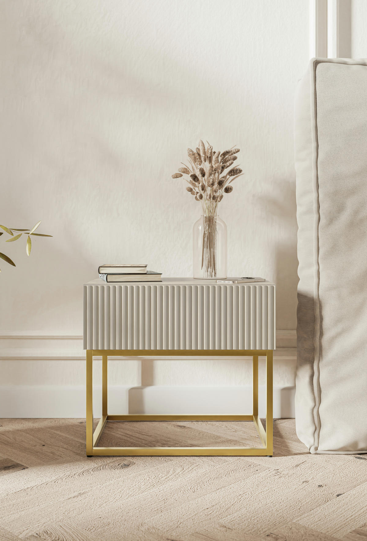 NACHTSCHRANK Veldio Graubeige mit goldenen Metallbeinen 50 cm - Greige/Goldfarben, Holzwerkstoff/Metall (50/44/35.6cm) - Selsey