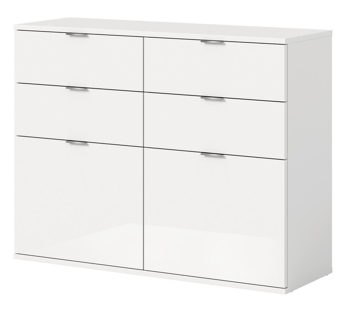 KOMMODE weiß Hochglanz 110 cm, Schuhschrank mit 4 Schubkästen - Chromfarben/Weiß Hochglanz, Holzwerkstoff/Kunststoff (110/85/37cm) - Inn.Furn