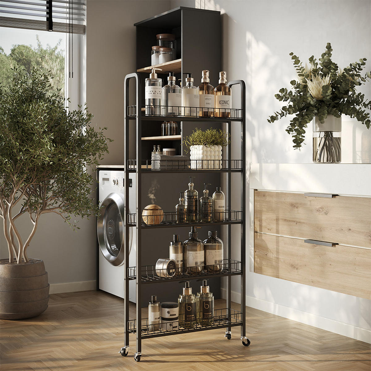 ROLLREGAL Rolivo Schwarz 58 x 15 cm mit 5 Fächern - Schwarz, Metall (58/129.5/15cm) - Vicco