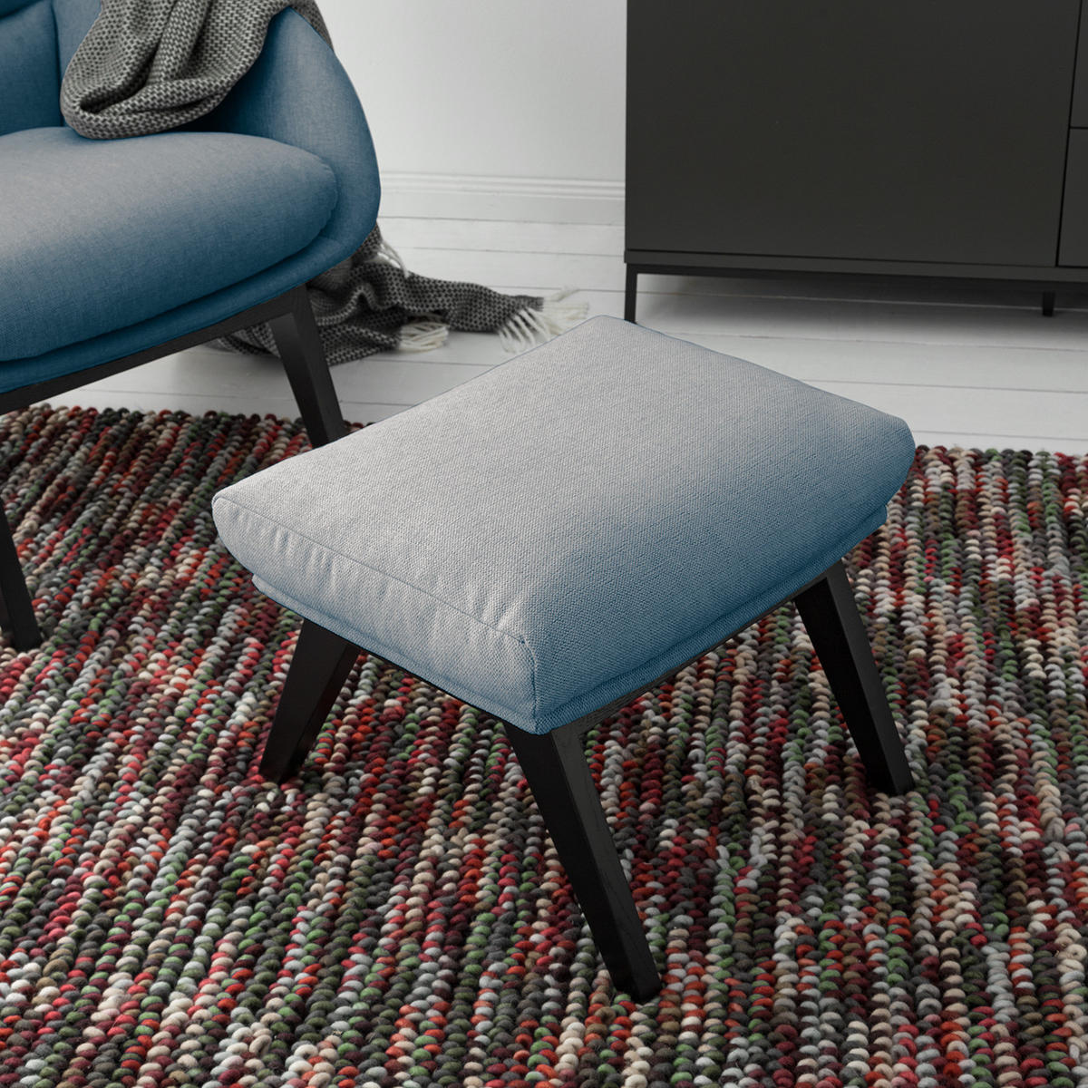 POLSTERHOCKER - Blau/Schwarz, Eichenholz/Holz (54/41/41cm) - home24