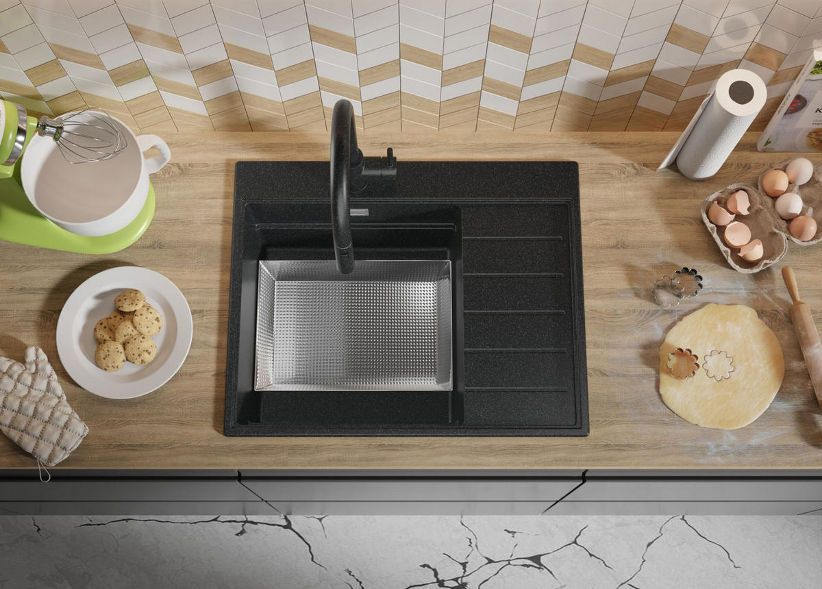 SPÜLBECKEN Sydney, 2-er set Anthrazit 62/50 cm 1 Becken + Ablauf-Set + Küchenzubehörset ab 45er Unterschrank - Chromfarben/Anthrazit, Kunststoff (62/20/50cm) - Primagran