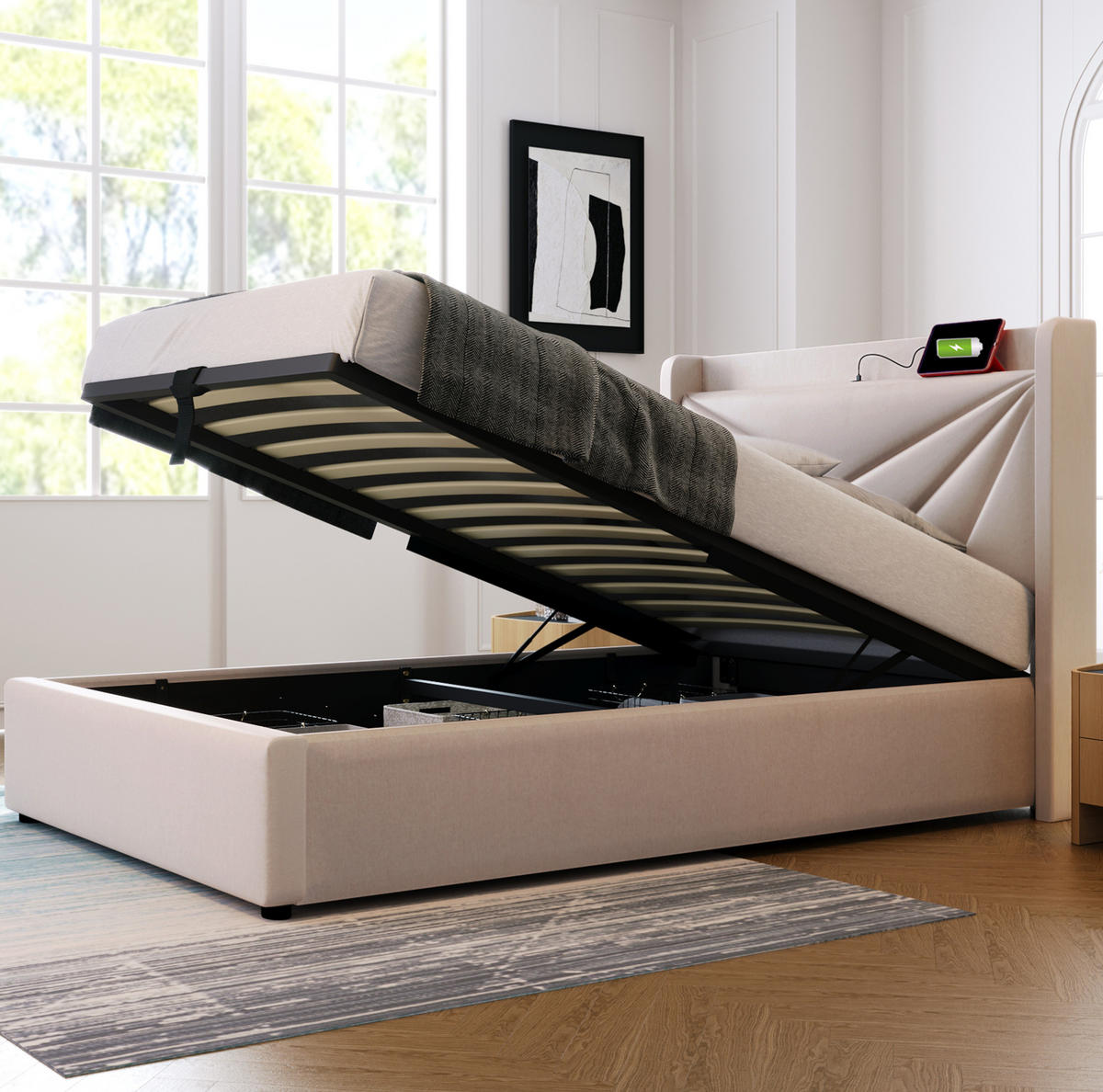 POLSTERBETT 90/200 cm mit Bettkasten, USB/Typ-C und gepolstertem Kopfteil - Beige, Textil (90/200cm) - BEAOK