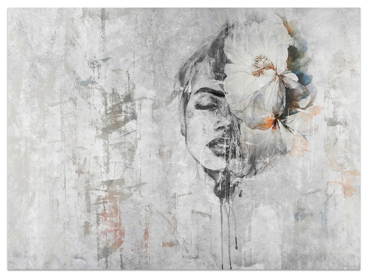 FOTOTAPETE für Schlafzimmer Frau Porträt Blume Beton Abstraktion 200x140 - Blau/Orange, Papier (200/140cm) - Muralo