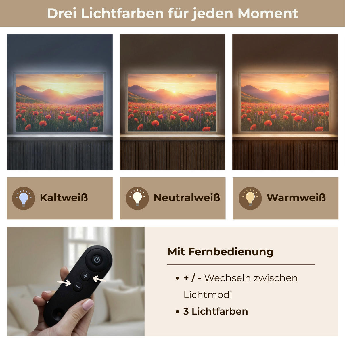 WANDLEUCHTE MIT AKKU Landschaft - Sonnenuntergang - Blumenfeld 60x40 cm - Rot, Holzwerkstoff (60/40/8cm) - OnlyWow