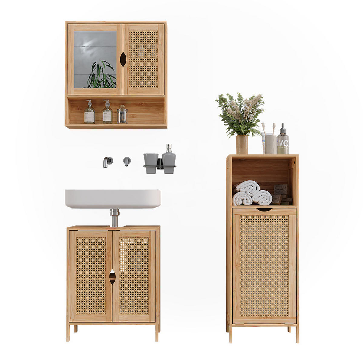 BADMÖBEL-SET Liora Bambus 3 Teile - Grün, Holzwerkstoff (48/60/29cm) - Vicco