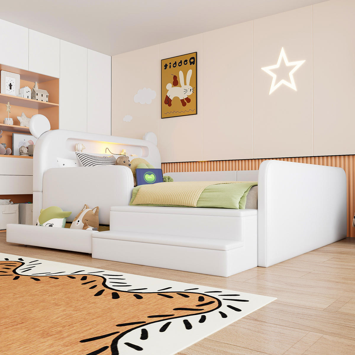 KINDERBETT 140/200 cm in Weiß mit Bettkasten, Nachtlicht und USB - Weiß, Holzwerkstoff/Textil (140/200cm) - CHICFURN