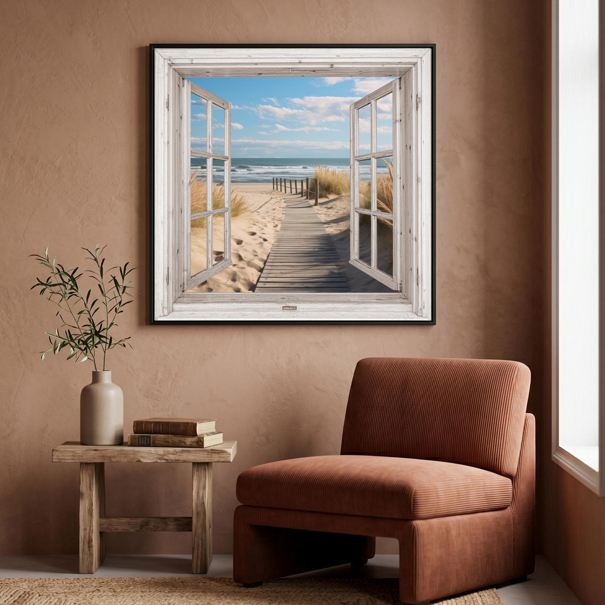 LEINWAND Bilder mit Rahmen - Fenster - Meer - Küste - Natur - Ausblick - Strand - Wattenmeer - 90x90 - Beige, Textil (90/90cm) - MuchoWow
