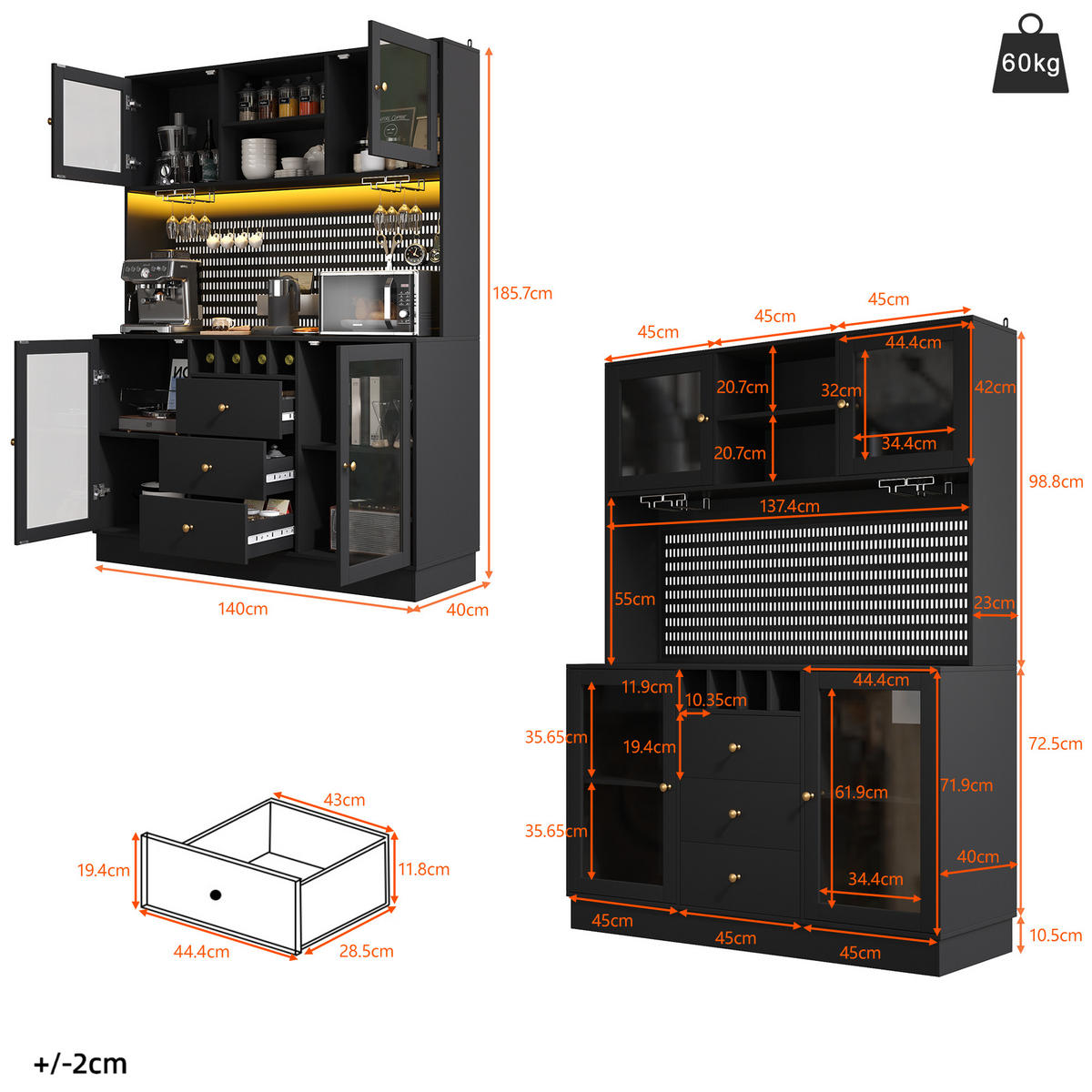 BUFFET 140/40/185,7 cm schwarz aus MDF und Glas mit LED-Beleuchtung - Schwarz, Holzwerkstoff (140/185.7/40cm) - OKWISH