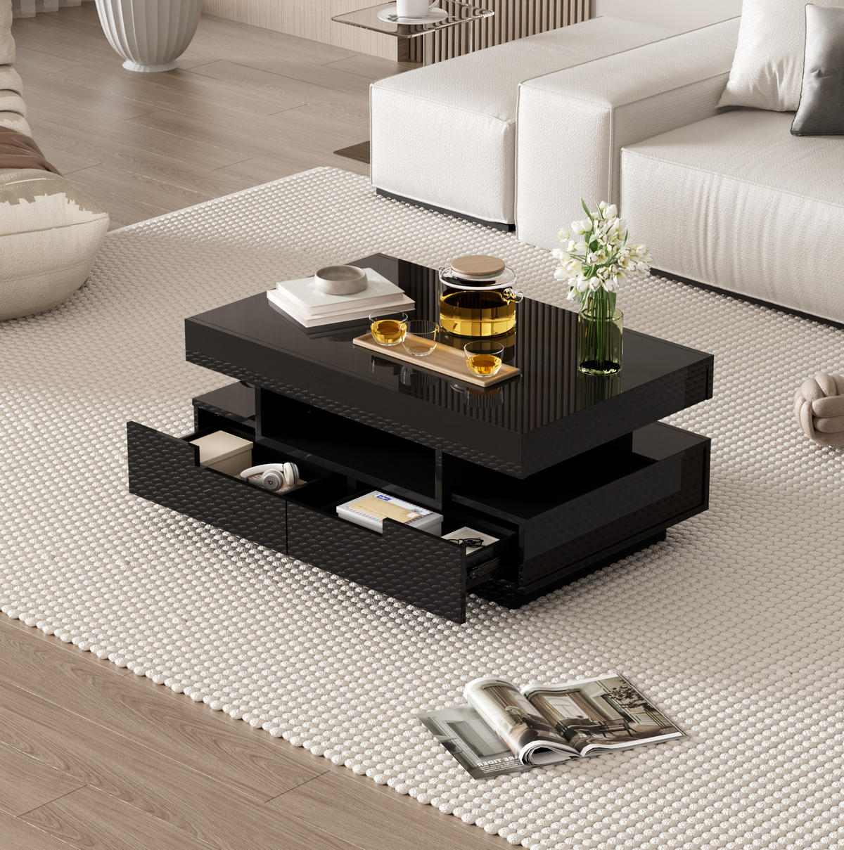 COUCHTISCH, Hochglanz-Spanplatte in Schwarz mit einstellbarer LED-Lichtleiste, 80/50/36 cm, Schwarz - Schwarz, Holzwerkstoff (80/50/36cm) - Redom