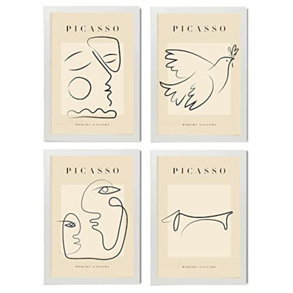 POSTER Set mit 4 Picasso Sammlung von Linienfrieden Ästhetische A4 Weißer Rahmen - Weiß, Papier (29.7/3cm) - Nacnic