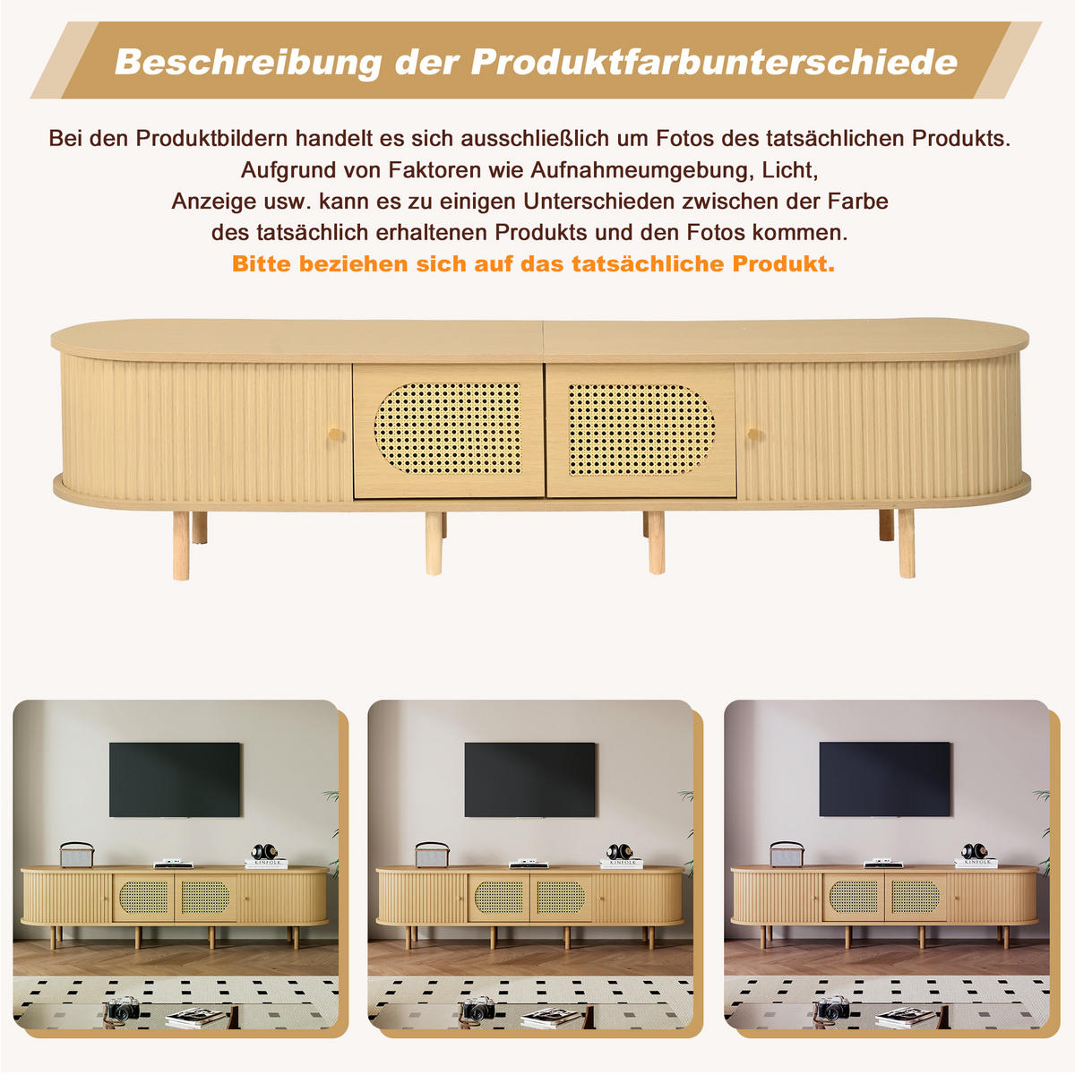 TV-SCHRANK 180/40/40 cm Helles Holz mit Rattan-Design und 4 Türen - Naturfarben, Holzwerkstoff (180/40/40cm) - Oxeza