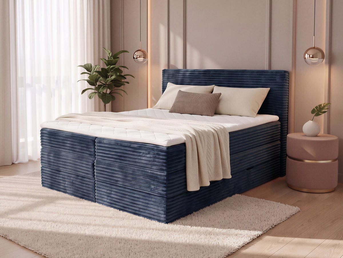 BOXSPRINGBETT Mollo Max - 140x200 - blau (Tilia 77, Cord) - Blau/Schwarz, Holz/Holzwerkstoff (140/200cm) - Sofnet
