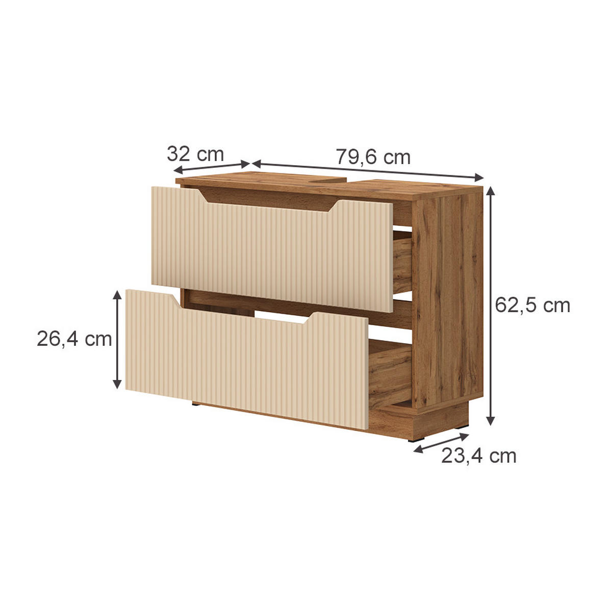 WASCHBECKENUNTERSCHRANK Lotta Eiche/Kaschmir gestreift 79.6 x 62.5 cm mit 2 Schubladen - Kaschmir/Eichefarben, Holzwerkstoff (79.6/62.5/32cm) - Vicco