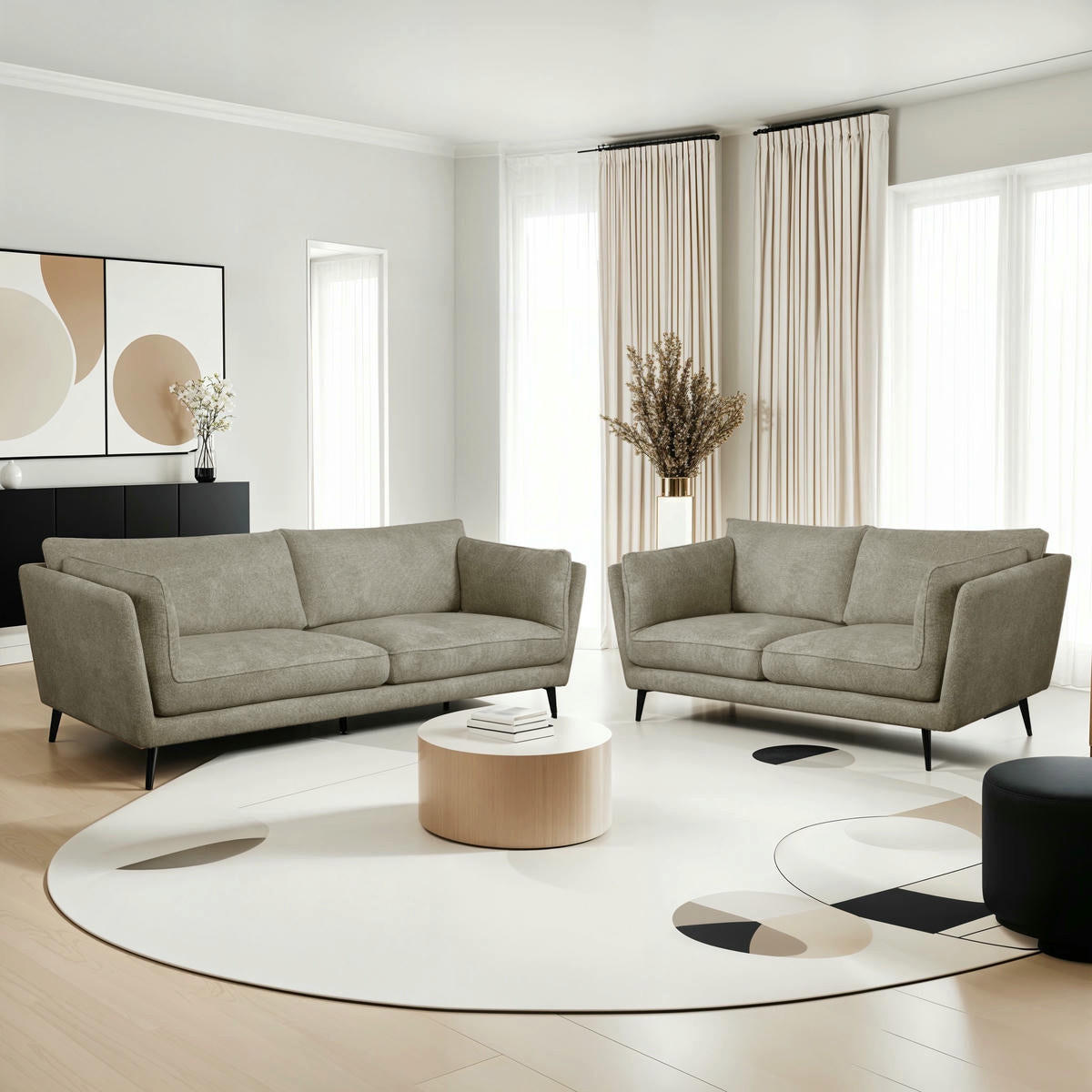 ZWEISITZER-SOFA Webstoff Beige - Beige/Schwarz, Textil/Metall (182/84/92cm) - Furnhouse