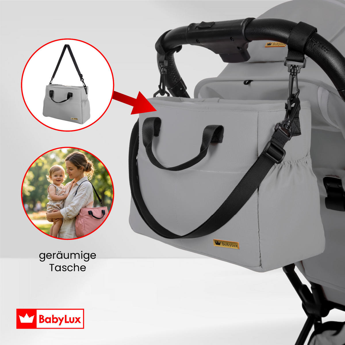 BUGGY Giau, Klein und Leicht, Teleskopische Führung, Kompakt Faltbar, Wickeltasche, Reisetasche - Schwarz/Grau, Textil/Metall (58/98cm) - BabyLux