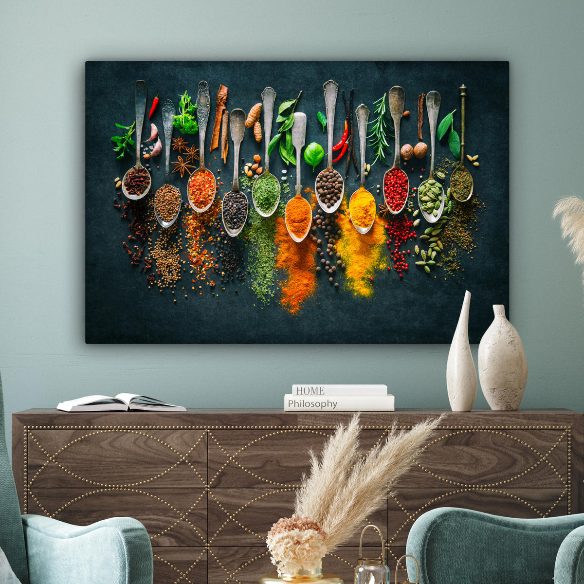 LEINWANDBILD Kräuter - Gewürze - Löffel Wohnzimmer Groß 120x80 cm - Currygelb, Textil (120/80cm) - MuchoWow