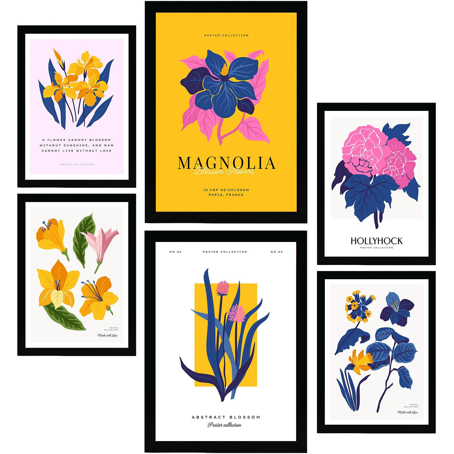 POSTER Set Mit 6 Blumen Magnolienblätter A3 & A4 Rahmenlos - Klar, Papier (29/3cm) - Nacnic