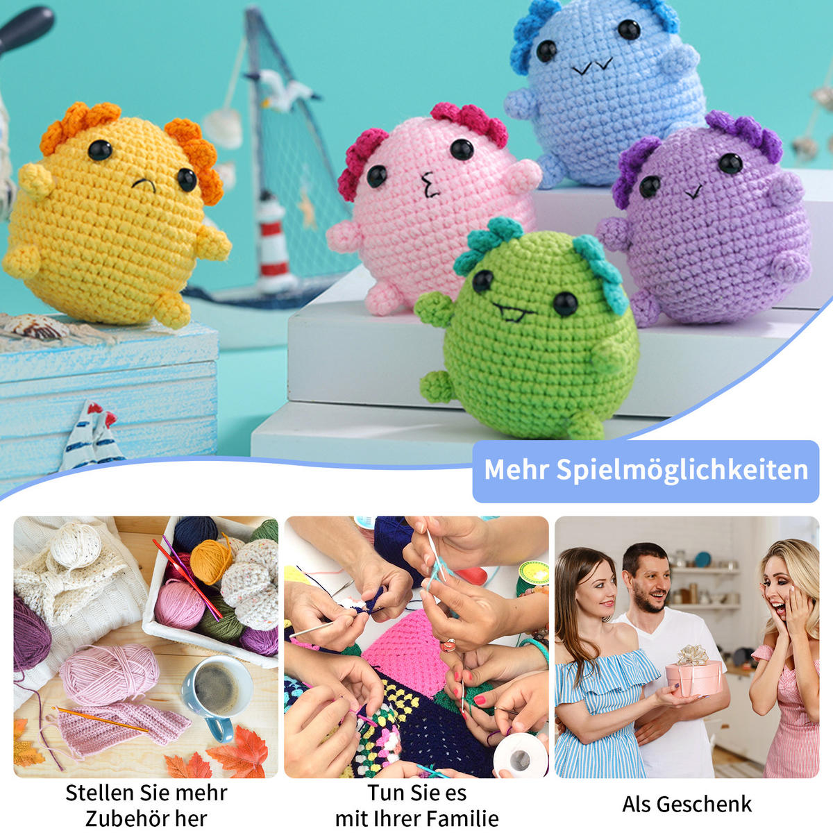 KOMPLET za kvačkanje živali (5 kosov), amigurumi za začetnike z video navodili - modra, tekstil (1/1/1cm)