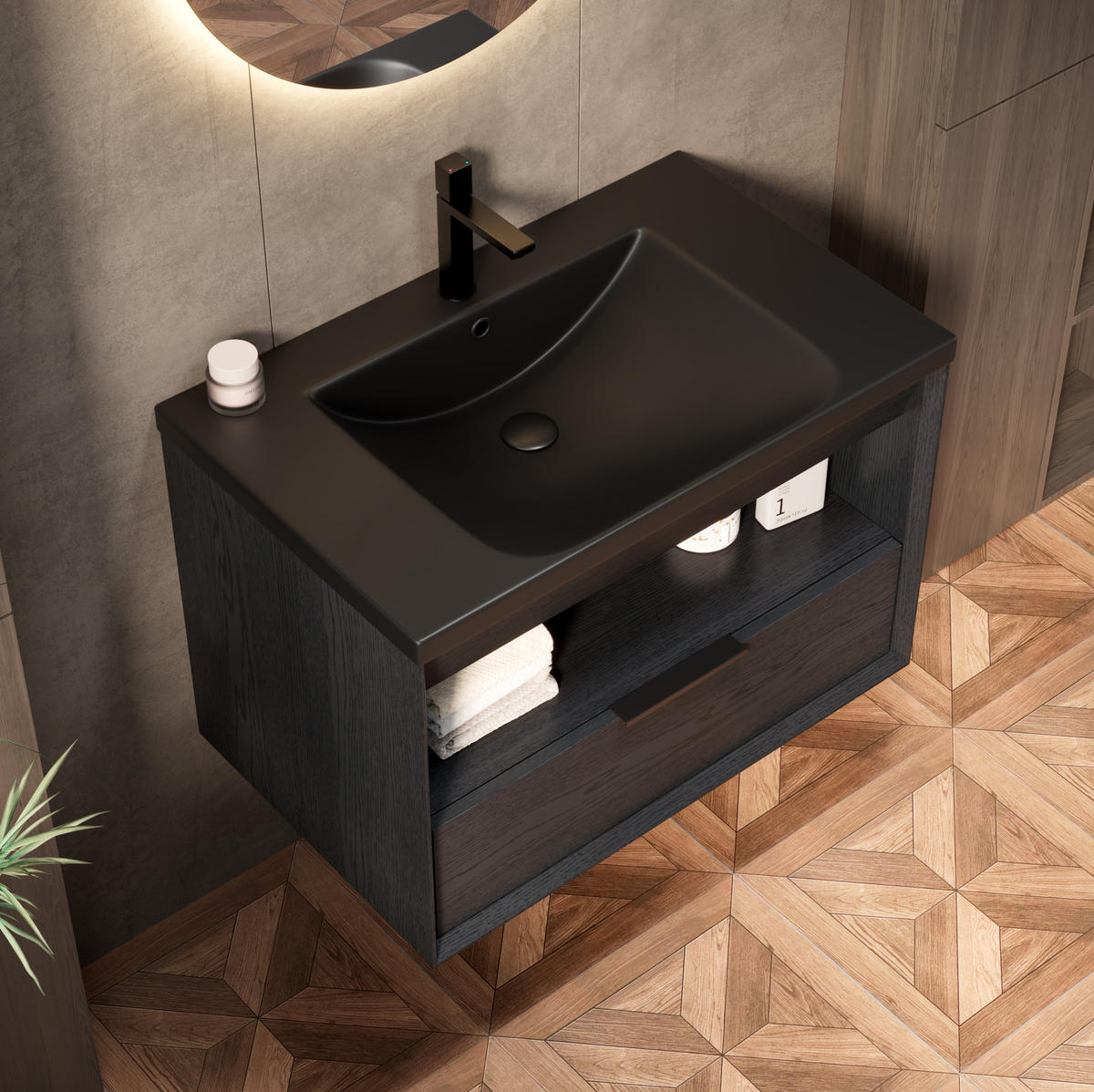 BADEZIMMERSCHRANK 74.5x46.5x51.5 cm Schwarz & Dunkle Eiche aus Keramik & Sperrholz - Schwarz, Keramik (74.5/51.5/46.5cm) - Modfu