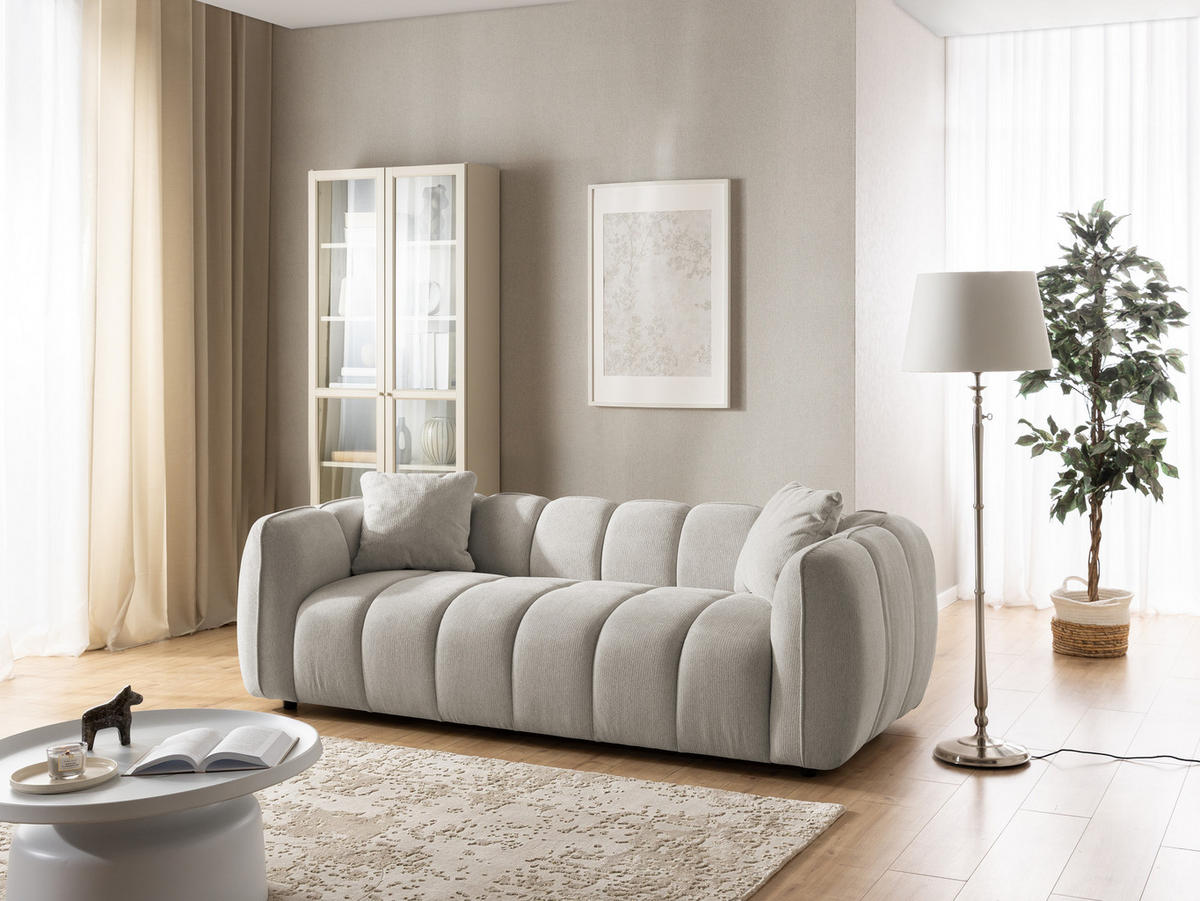 SITZGARNITUR 3+1 Nubira in tief gesteppter Bubble-Optik aus weichem Taupe Strukturstoff im modernen Design - Taupe/Schwarz, Holz/Kunststoff (228/69/89cm) - S-Style Möbel