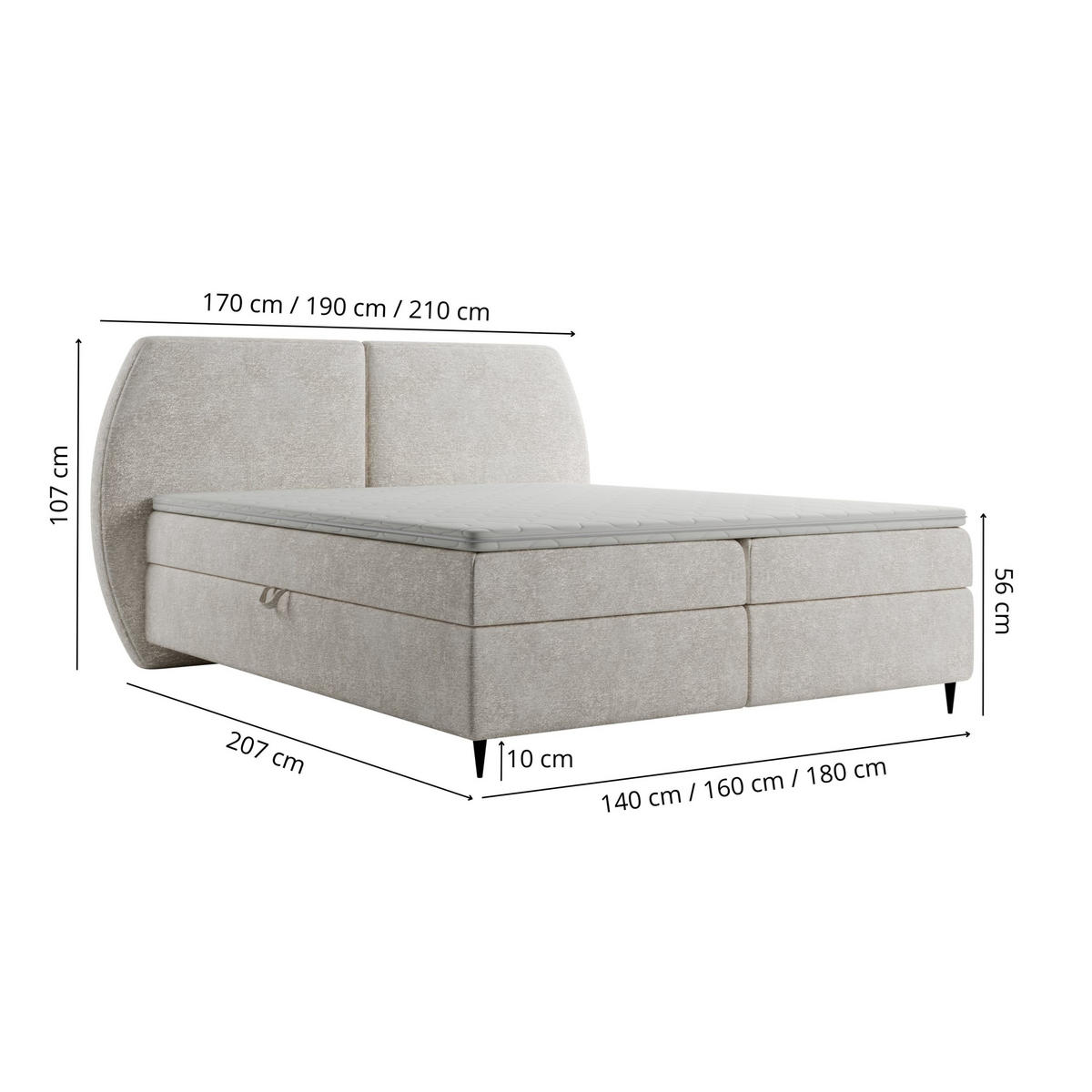 BOXBETT MADRYT, 180x200 cm, Creme, inkl. 2 Bettkästen und Topper - Creme, Textil (180/200cm) - Excellent Home